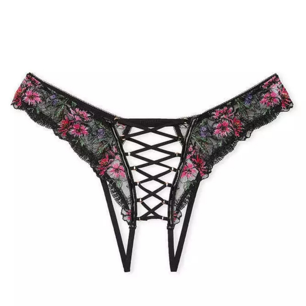 Victoria's Secret VERY SEXY Lace-up Crotchless Brazilian Embroider Floral Panty